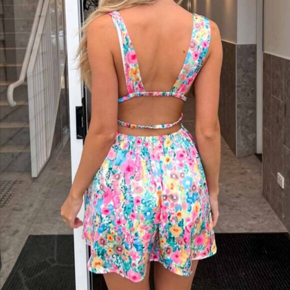 New‎ Beginning Boutique Genovia Floral Mini Dress Women's 8 Pink Green Yellow - Picture 3 of 16